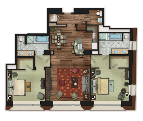 Full color floorplan drawing of 2 bedroom residence at Ritz Carlton Club, San Francisco.