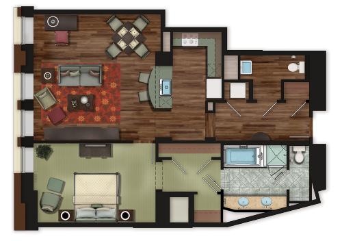 Full color drawing of a floor plan for a 1-bedroom residence at Ritz Carlton Club, San Francisco.