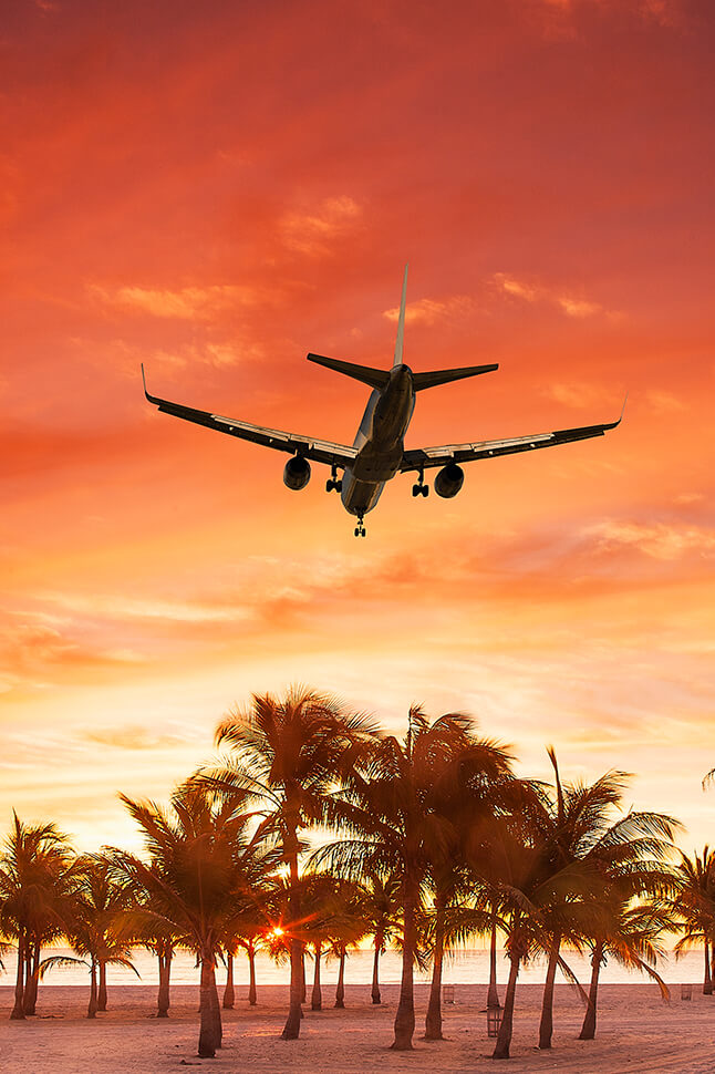 Airplane in the red and orange sunset sky over a palm tree lined beach