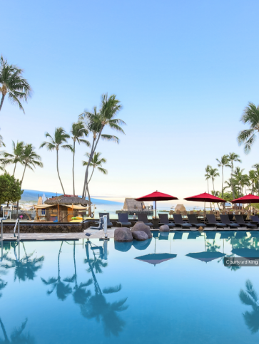 Pool on the ocean with palm trees and red umbrellas