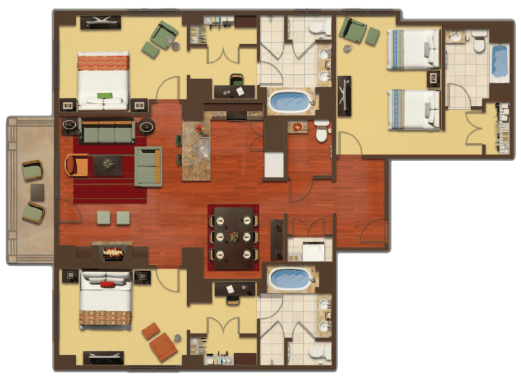 Full color floorplan drawing of 3 bedroom residence at Ritz Carlton Club, Lake Tahoe.