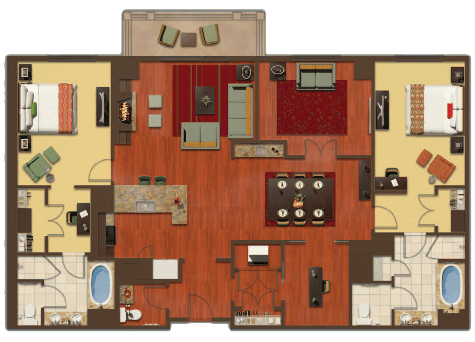 Full color floorplan drawing of 2 bedroom residence at Ritz Carlton Club, Lake Tahoe.