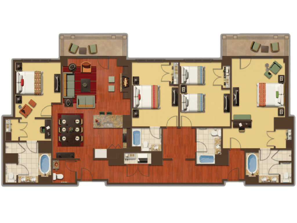 Full color floorplan drawing of 4 bedroom residence at Ritz Carlton Club, Lake Tahoe.